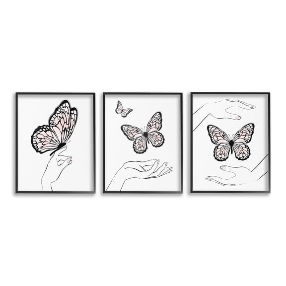 Stupell Industries Hands with Butterflies Animals & Insects Painting Black Framed Art Print Wall Art, 11 x 14, Set of 3