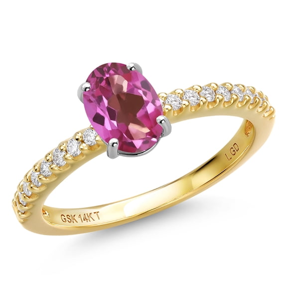 Gem Stone King 14K Two Tone Gold Pink Mystic Topaz and Lab Grown Diamond Engagement Ring for Women | 0.96 Cttw | Oval 7X5MM | Gemstone November Birthstone | Size 6