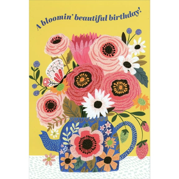 Pictura Bloomin Beautiful: Bright Blue Floral Teapot and Large Pink and White Flowers Feminine Birthday Card for Her, Woman