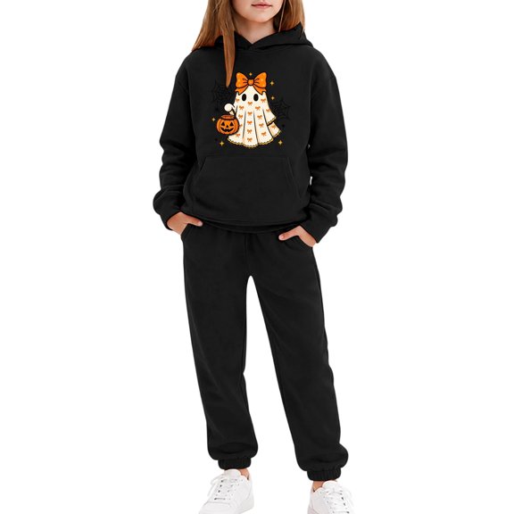 Glisme Girls Outfit Set Graphic Print Long Sleeve Hooded Tops With Pants Outfit Halloween Casual Girls Set Size 2-3 Years Black