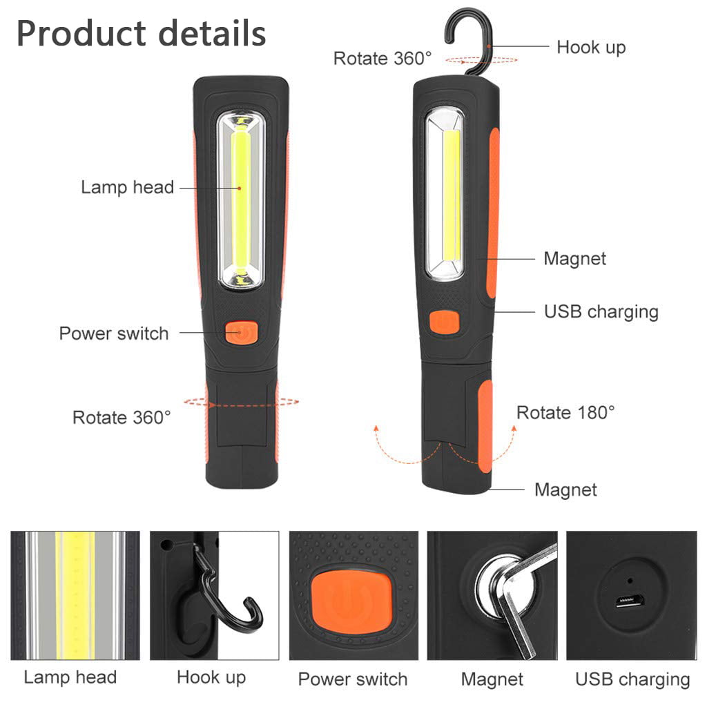 Portable Rechargeable Flashlight Lamp COB Led Work Light Inspection Light Torch with Magnetic Base for Automobile Repairing Working Camping Emergency Use