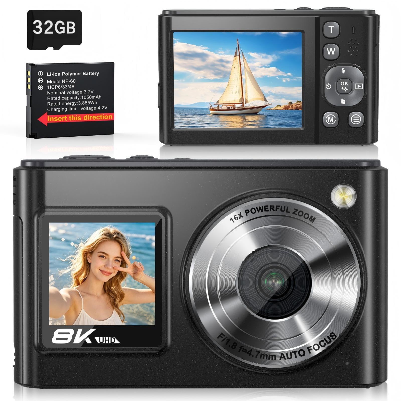 8K Digital Camera for Photography, 96MP CMOS Sensor, WiFi Connectivity, 2.8 Inch IPS Rear Screen, 1.54 Inch Front Screen, and 32GB card-Black