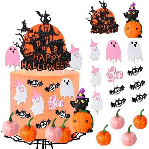 Halloween Cake Decorations for Girls Pink Orange, Halloween Pumpkins Spider Cake Figurines Boo Cake Toppers, Baby Shower Birthday Bachelorette Party Decorations Supplies Favors