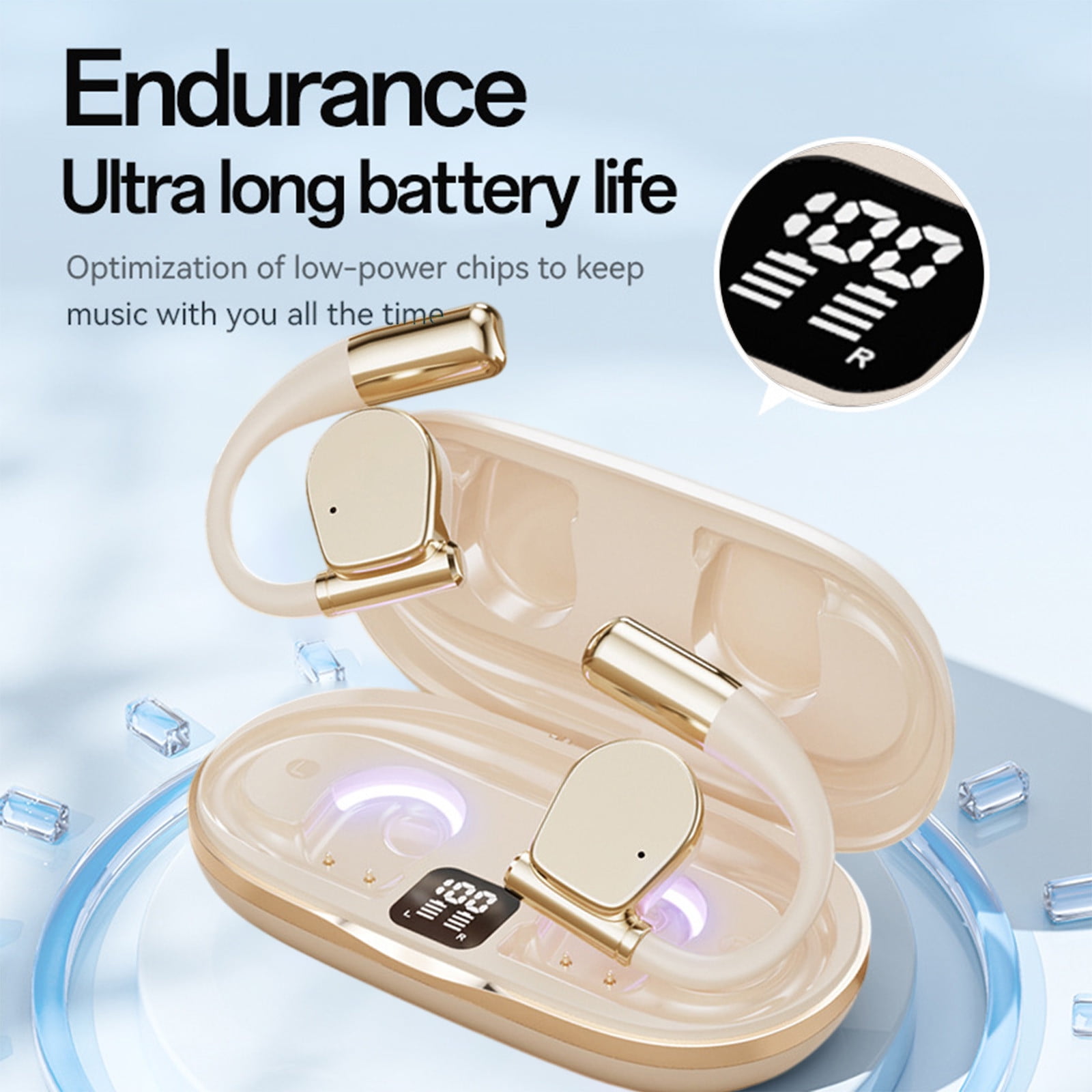 Nkmbld Wireless Earbuds Wireless Bluetooth Earphones Open End Non in Ear HD Call Digital Display Earphones, Beige