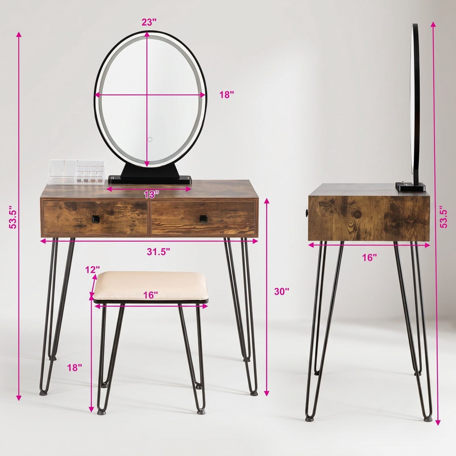 Furnibear Industrial Makeup Dressing Table with 3 Lighting Modes and Removable Mirror and Cushioned Stool for Bedroom, Rustic Brown