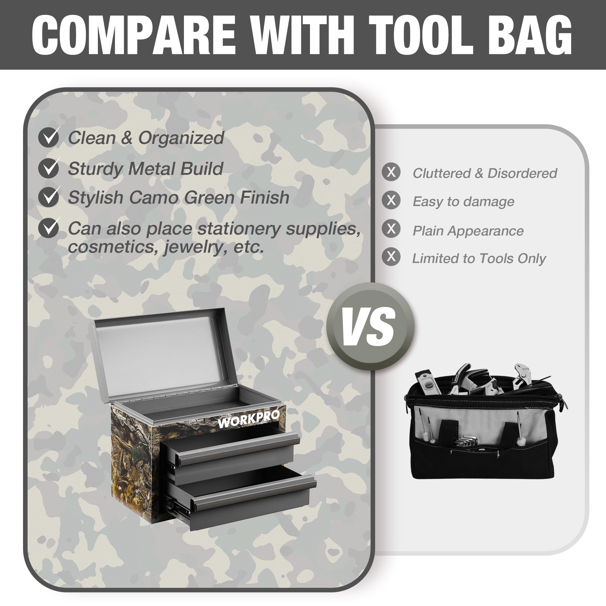WORKPRO Mini Tool Box with 2 Drawers and Top Storage, Upgraded Version with Ball Bearing Slides, Small Metal Tool Chest with PVC Liners and PP Feet Pads, Camouflage.