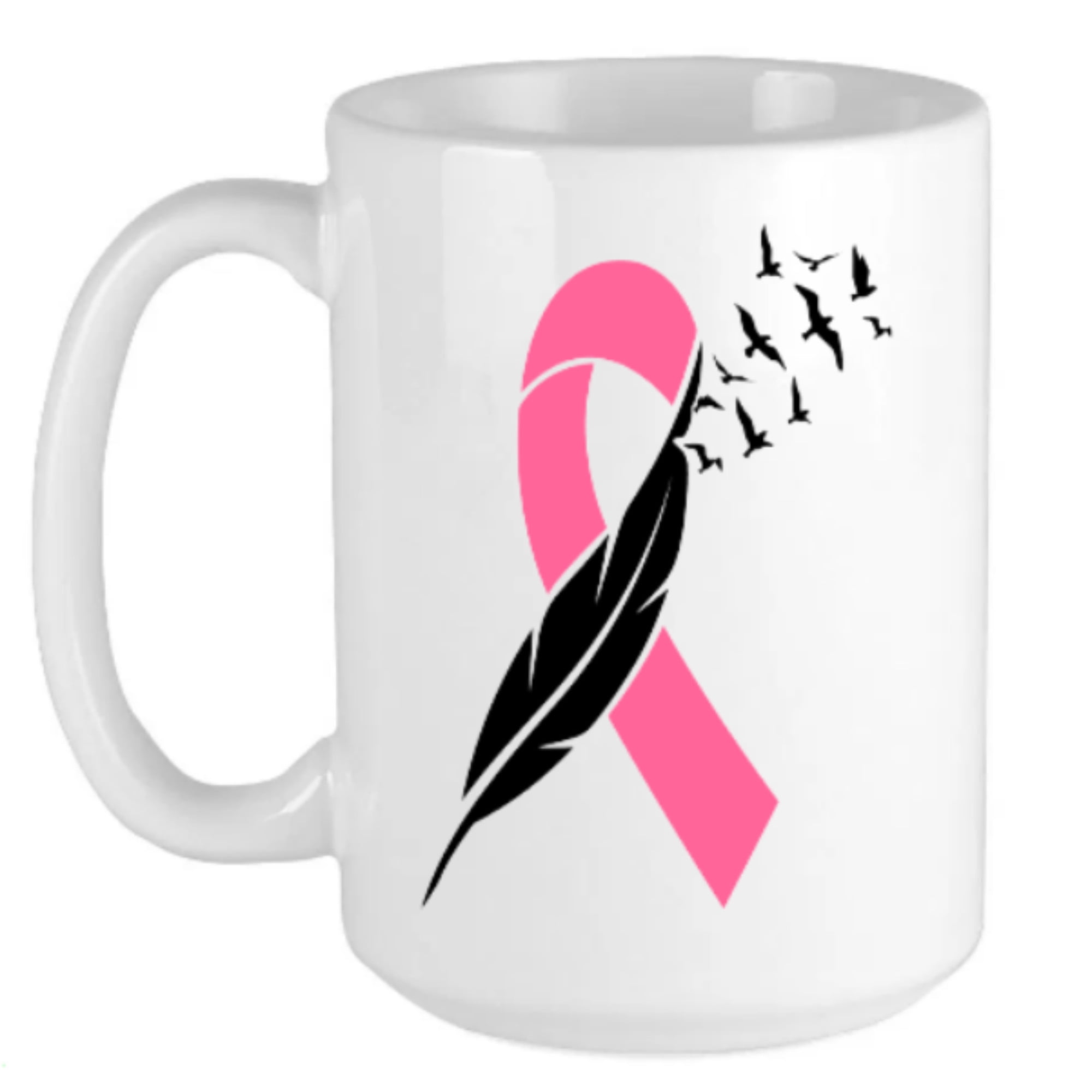 Breast Cancer Awareness Womens Coffee Mug 11 oz., Pink Ribbon with Black Feather and Birds Aesthetic