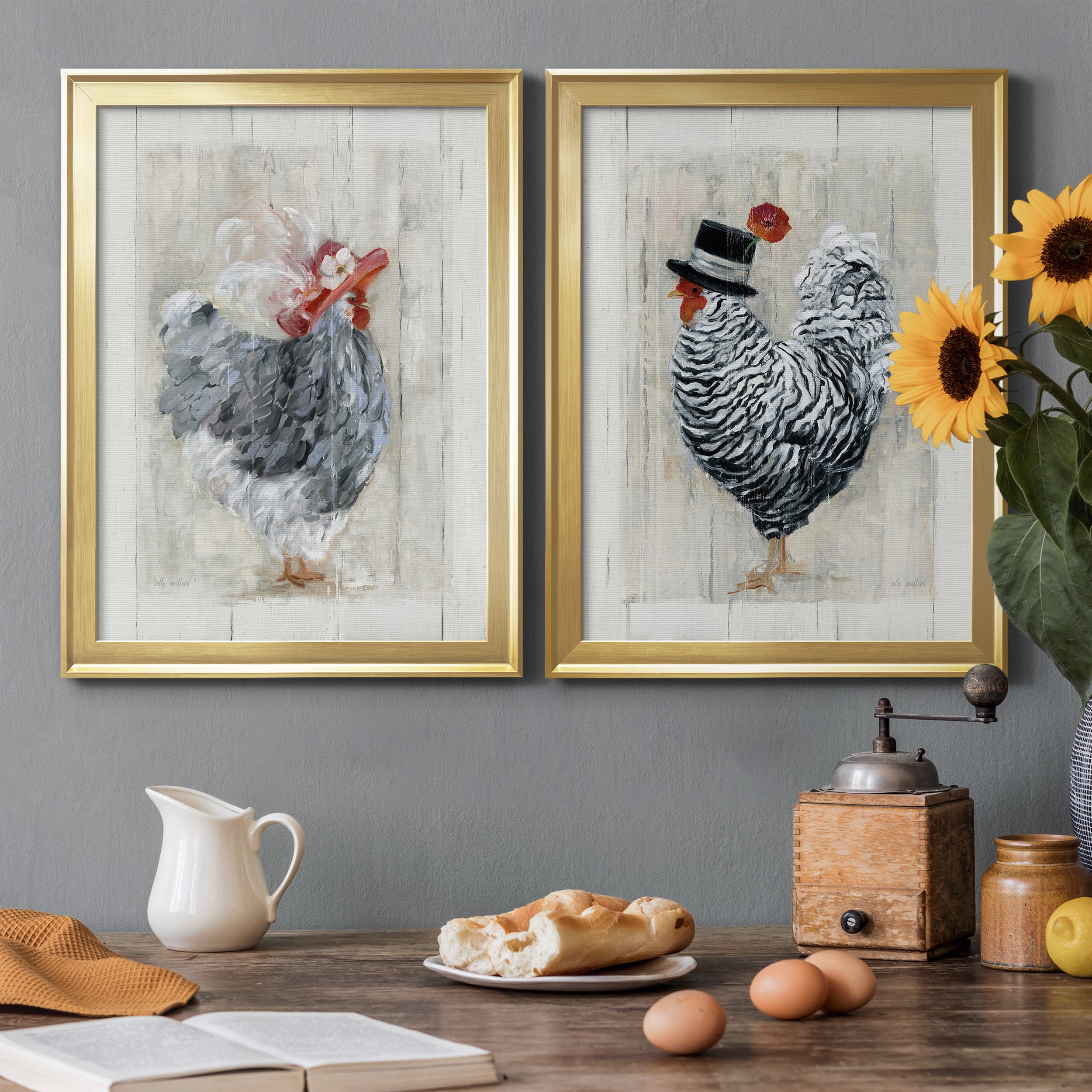 2 Piece Set Sunday Best Hen Premium Framed Canvas - Ready to Hang - 18.5 x 24.5 Each - Gold Frame