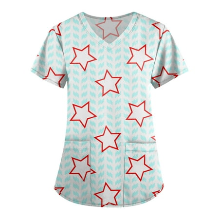 

Sksloeg Womens Scrub Tops Plus Size Red White Blue Star Stripe Printed Scrub Nurse Top Shirts Short Sleeve Working Tops Workwear Comfy Shirt Blouses Clothing Green S