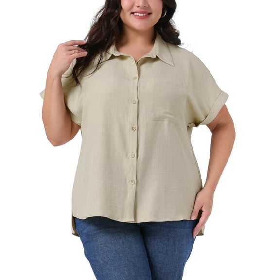 Agnes Orinda Women's Plus Size Button Down Shirts Lapel Rolled Short Sleeve Split Hem Summer Blouses Causal Tops with Pocket 1X Beige