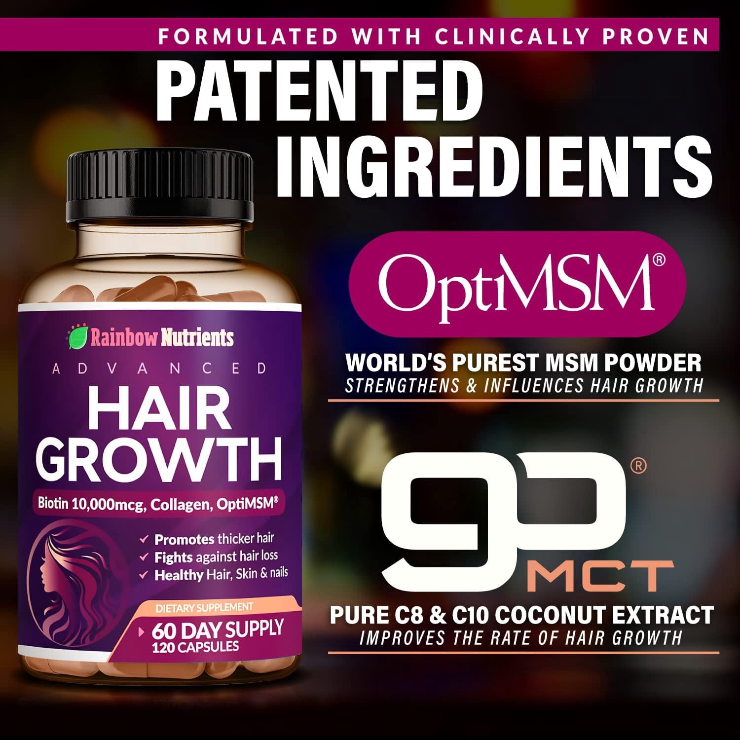 Hair Growth Vitamins for Women , Biotin 10,000mcg, Collagen, Patented OptiMSM , goMCT , Saw Palmetto , Naturally Regrow Stronger & Healthier Hair, Skin and Nails , Stops Hair Loss , 60 Day Supply