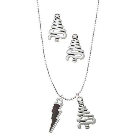 Delight Jewelry Silvertone Black Lightning Bolt Silver tone Zig Zag Christmas Tree Charm Necklace and Stud Earrings