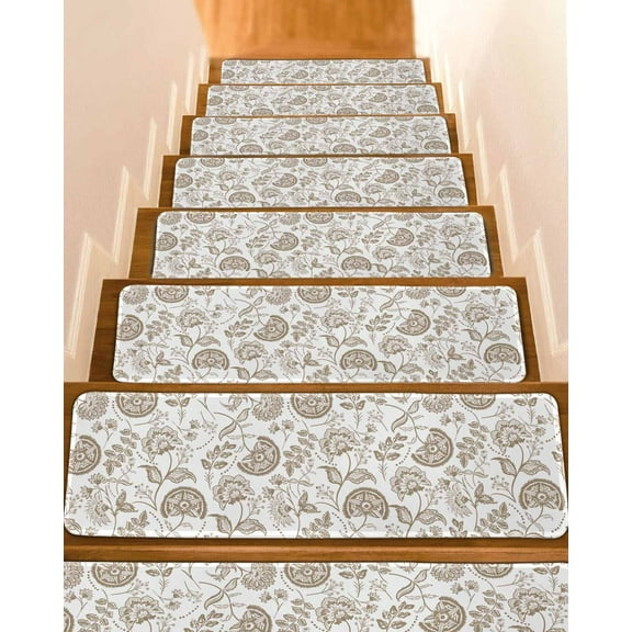 Khaki Farmhouse Stair Treads for Wooden Steps Indoor Runner Rug Carpet, Floral Floral Plant Leaf Vintage Spring 7 Pieces Peel and Stick Staircase Step Treads Covers Washable Throw Door Mats, 30"x8"