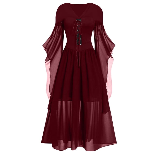 LINMOUA Women Casual Plus Size Cold Shoulder Dress Solid Color Lace Butterfly Sleeve Halloween Gothic Dress