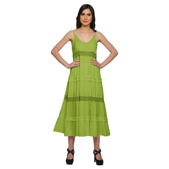 Moomaya Solid Sleeveless Long Maxi Dress Spaghetti Straps With Lace Trim