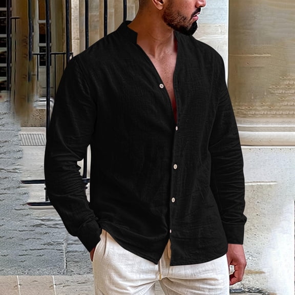 Tdoqot Mens Linen Shirts Long Sleeve- Casual V-Neck Button Down Summer Beach Shirts Black Size 3XL