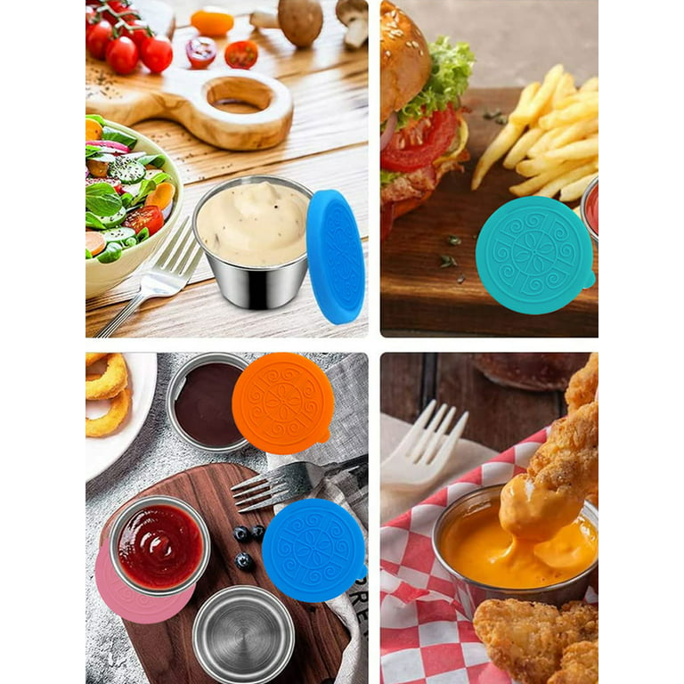 1-6PCS Reusable Stainless Steel Sauce Cup with Silicone Lids Condiment  Container Salad Dressing Picnic Food Storage Lunch Box