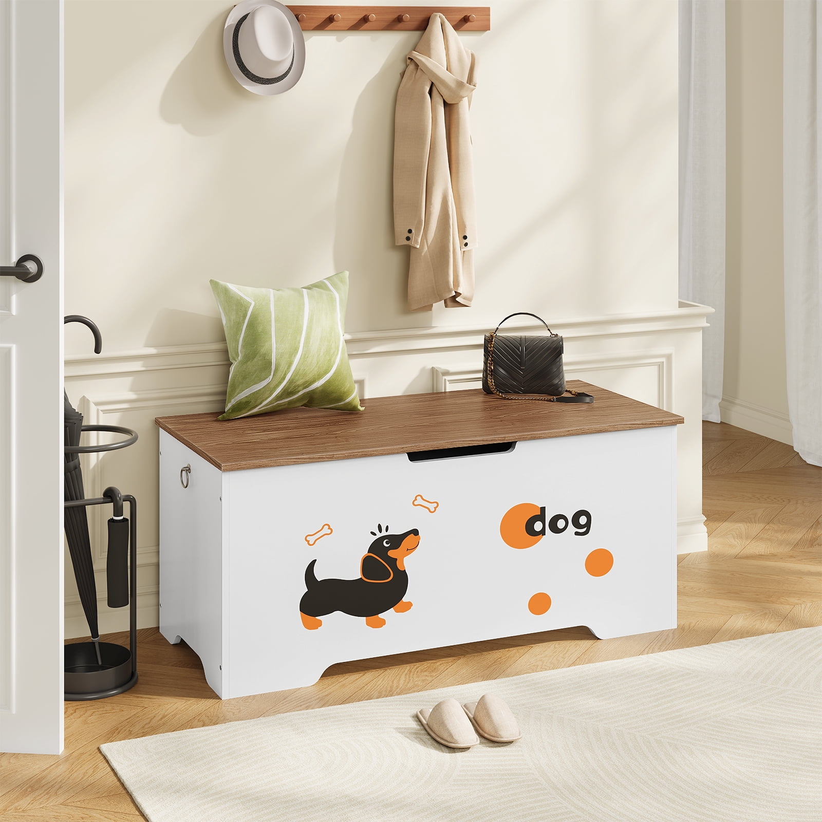 HOOBRO Storage Bench, Toy Box Organizer with Puppy Pattern, Shoe Bench with 2 Safety Hinges,&nbsp;Farmhouse Style, 39.4''L x 15.7''W x 19.5''H for Entryway,White and Walnut WH494CW01
