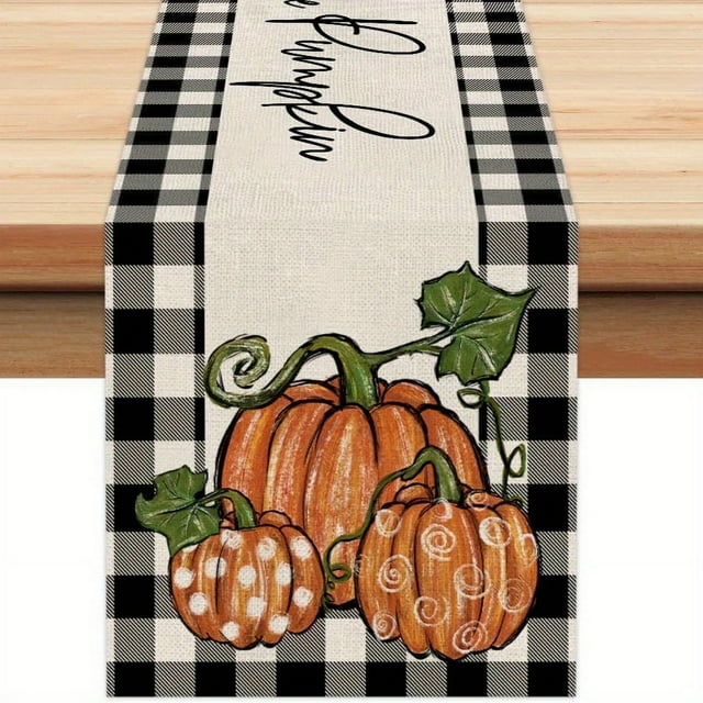 1pc, Fall Decorations Buffalo Plaid Pumpkin Table Runner 13x72 Inches Seasonal Autumn Thanksgiving Decor Holiday Farmhouse Indoor Vintage Theme Gathering Dinner Party