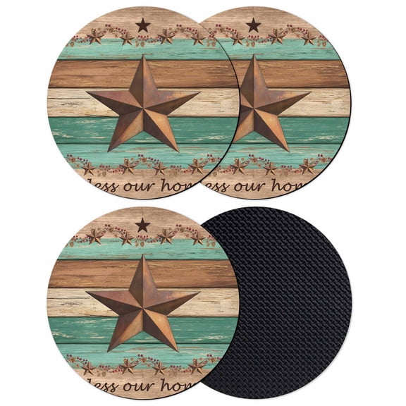 Western Texas Star Retro Coasters Set of 4, Absorbent Coasters for Drinks, Vintage Farmhouse Brown Teal Wooden Coaster for Desk Coffee Table Protection, Home Decor House Warming Gifts 4"