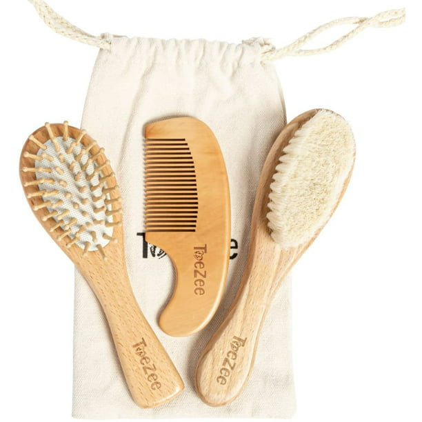 ToeZee Wooden Baby Hair Brush Set Infant, Toddler Baby Hair Products  Including Soft Goat Hair Brush for Cradle Cap, Bamboo Toddler Hair Brush, Hairbrush  Comb for Scalp Grooming with Travel Bag -