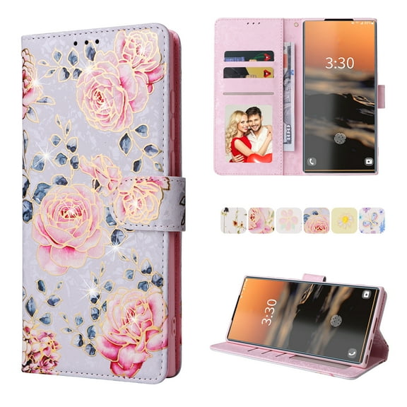 Nalacover Wallet Case for Samsung Galaxy S23 Ultra, Bling Flower Pattern PU Leather Wrist Strap Handbag Magnetic Flip Cover with Kickstand Card Slots Holder Soft Silicone Shockproof Case, Pink Rose