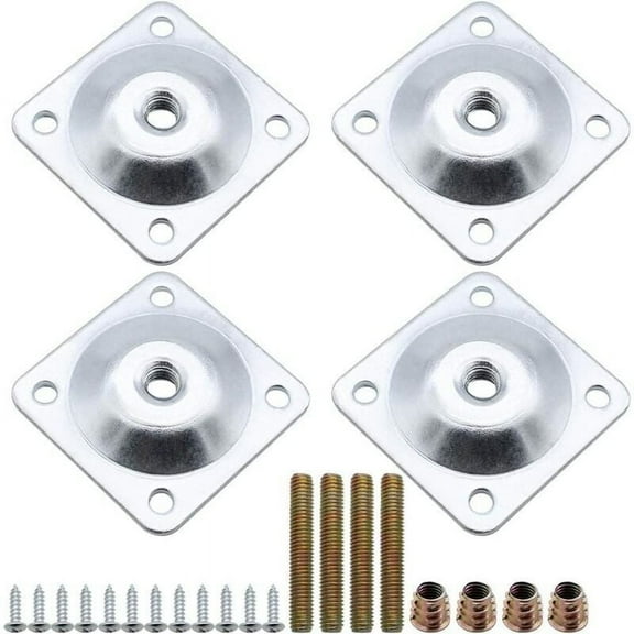 Convert To U.S. Standard Legs, Furniture Leg Attachment Plates With Hanger Bolts, Metal Mounting Kits For Easy Furniture Repair (4Pcs, Silver)