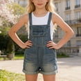 thumbnail image 2 of Kids Girls Solid Color Denim Overalls Above Knee Mini Length Casual Romper Jumpsuit Lightweight Breathable Outfit for Summer and Fall Blue 5 Years-6 Years, 2 of 6