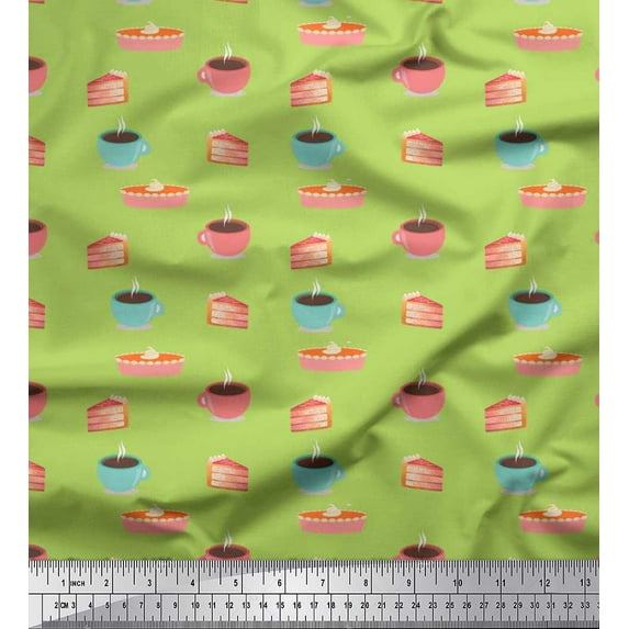 Soimoi Georgette Viscose Fabric Cake Slice & Coffee Beverages Print Fabric by The Yard 42 Inch Wide