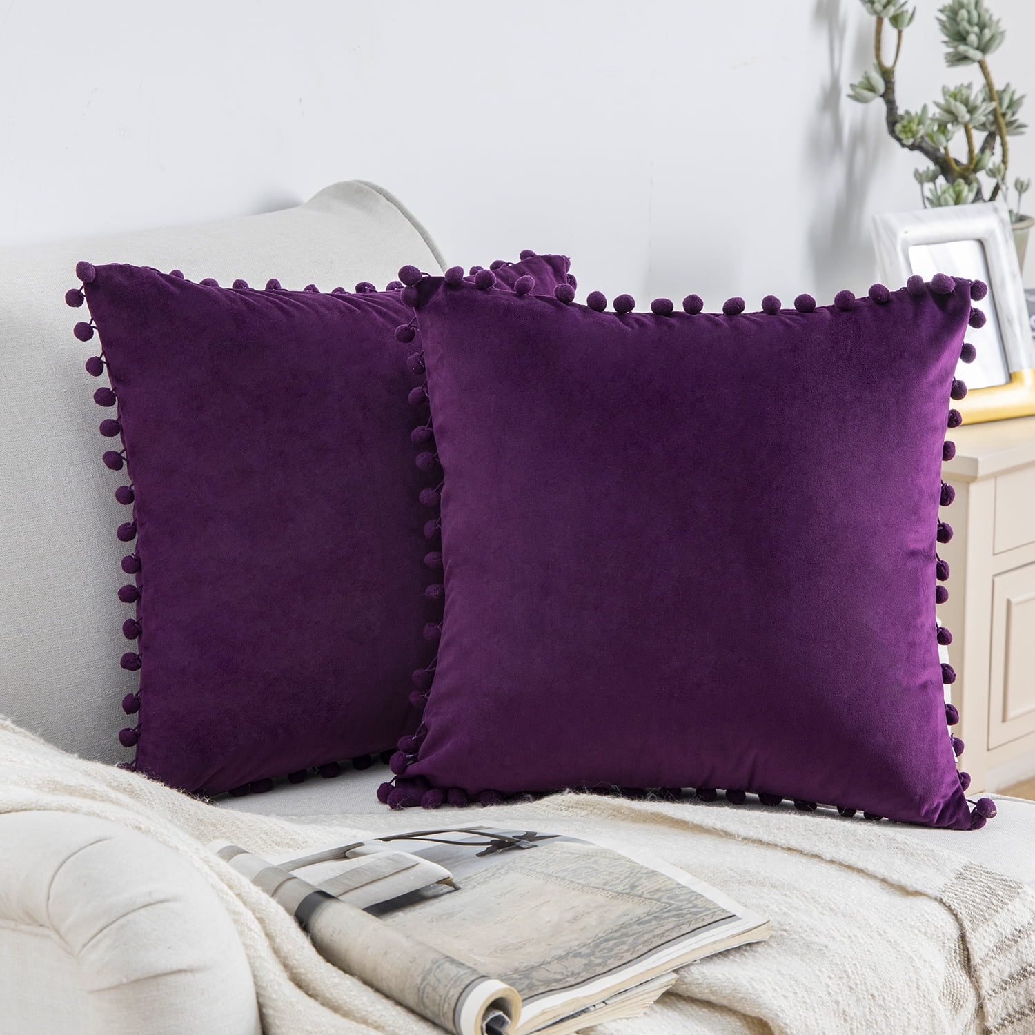 Phantoscope Silky Velvet Pom Pom 18" x 18" Dark Purple Decorative Throw Pillow with Insert, 1 Pack