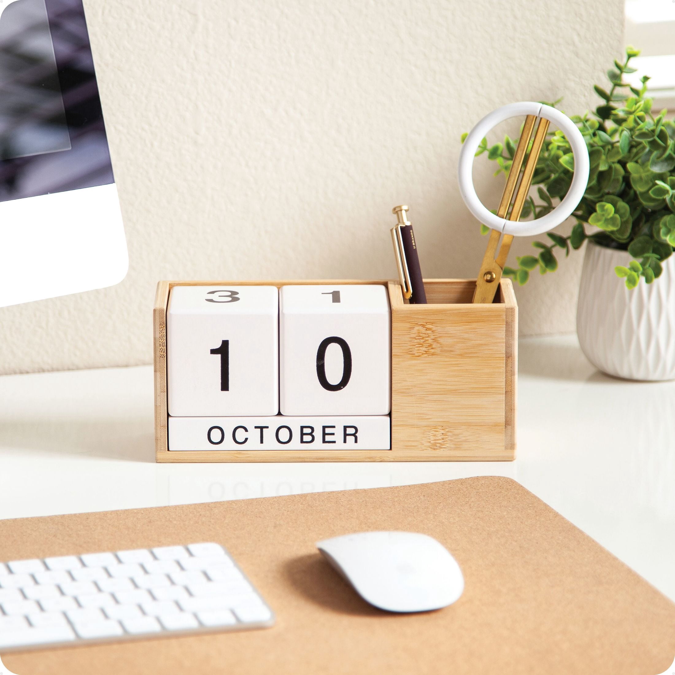 U Brands Bamboo Desktop Perpetual Block Calendar and Pencil Cup, 8.4 x 2.8 x 3.6 in.
