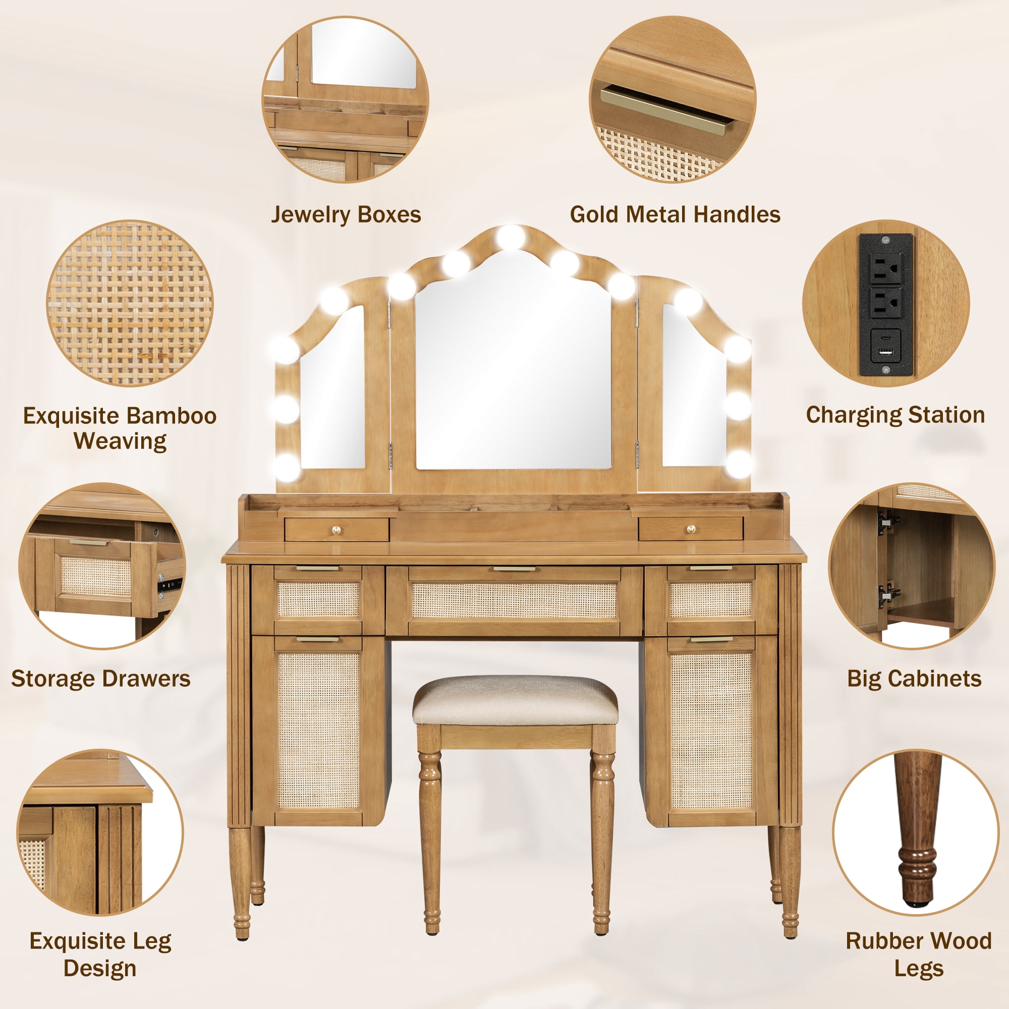 Mintazer 44" Makeup Vanity Set with Tri-Fold LED Mirror & Charging Station, Dressing Table with 5 Drawers & 2 Cabinets and Stool, Makeup Vanity Desk with Hollywood Bulbs for Bedroom, Natural