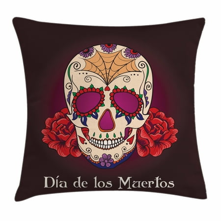 De Los Plum - Day Of The Dead Decor Throw Pillow Cushion Cover, Dia de Los Muertos Quote with Spanish Skull Dead Head Vivid Print, Decorative Square Accent Pillow Case, 18 X 18 Inches, Plum Red Cream, by Ambesonne