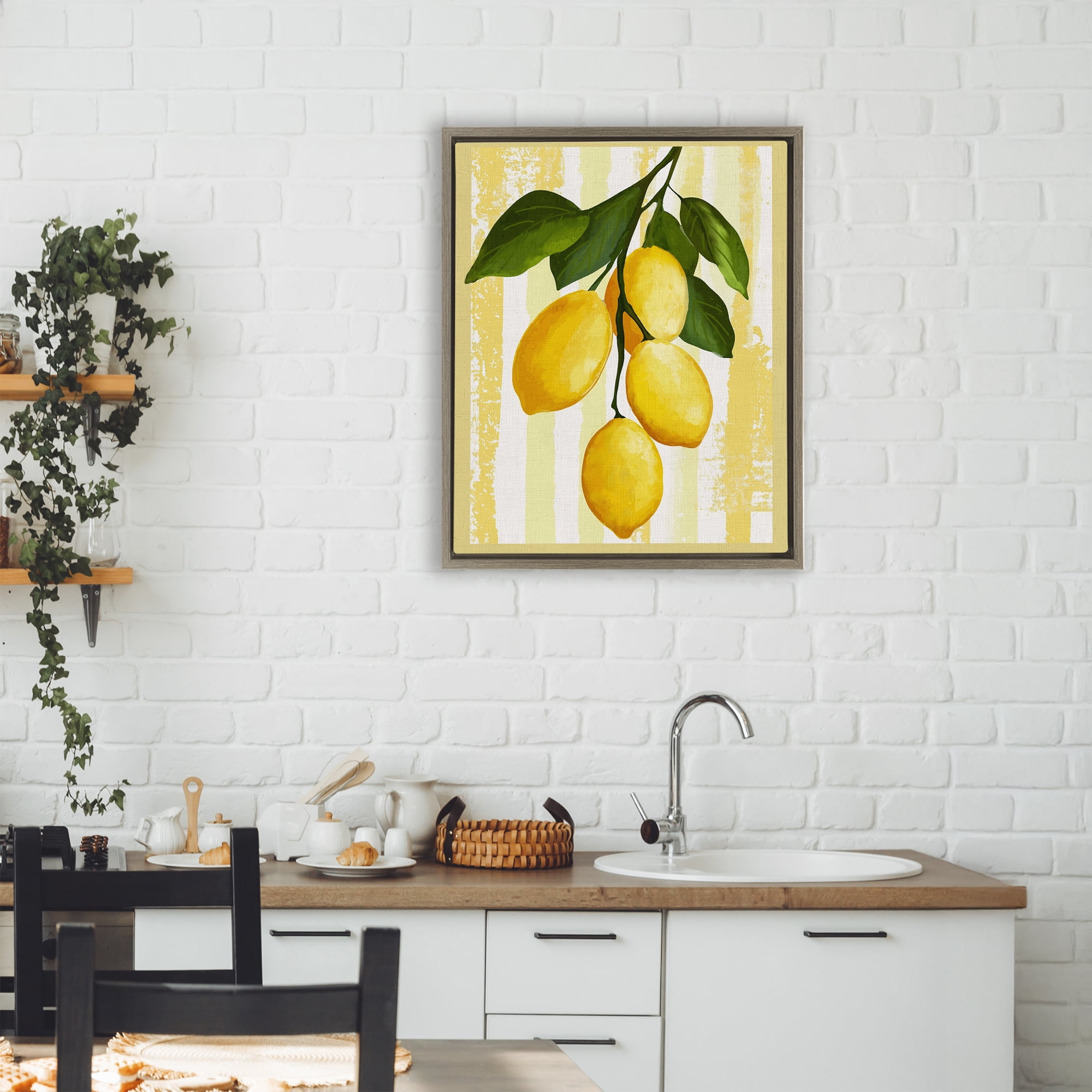 Stupell Industries Lemons on Green Branch Brown Framed Floater Canvas Wall Art, design by Yen