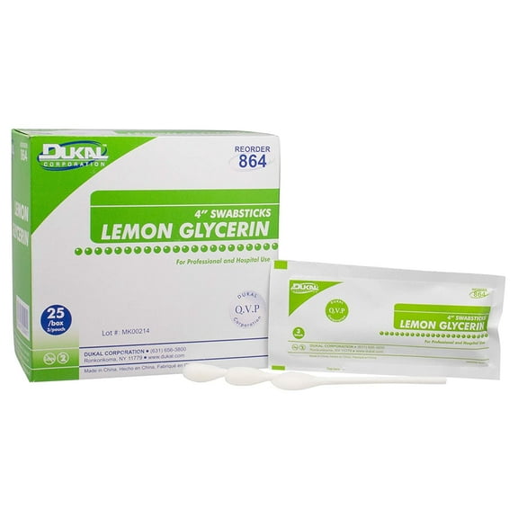 Lemon Glycerin Swabsticks 4 inch. Pack of 25 applicators. Lemon Flavored Swabsticks for Oral Care. Non-sterile swabsticks for Medical Applications. Convenient triples. Single use.