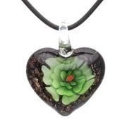 Besheek Glass Black and Green Carnation Flower Heart Pendant Necklace