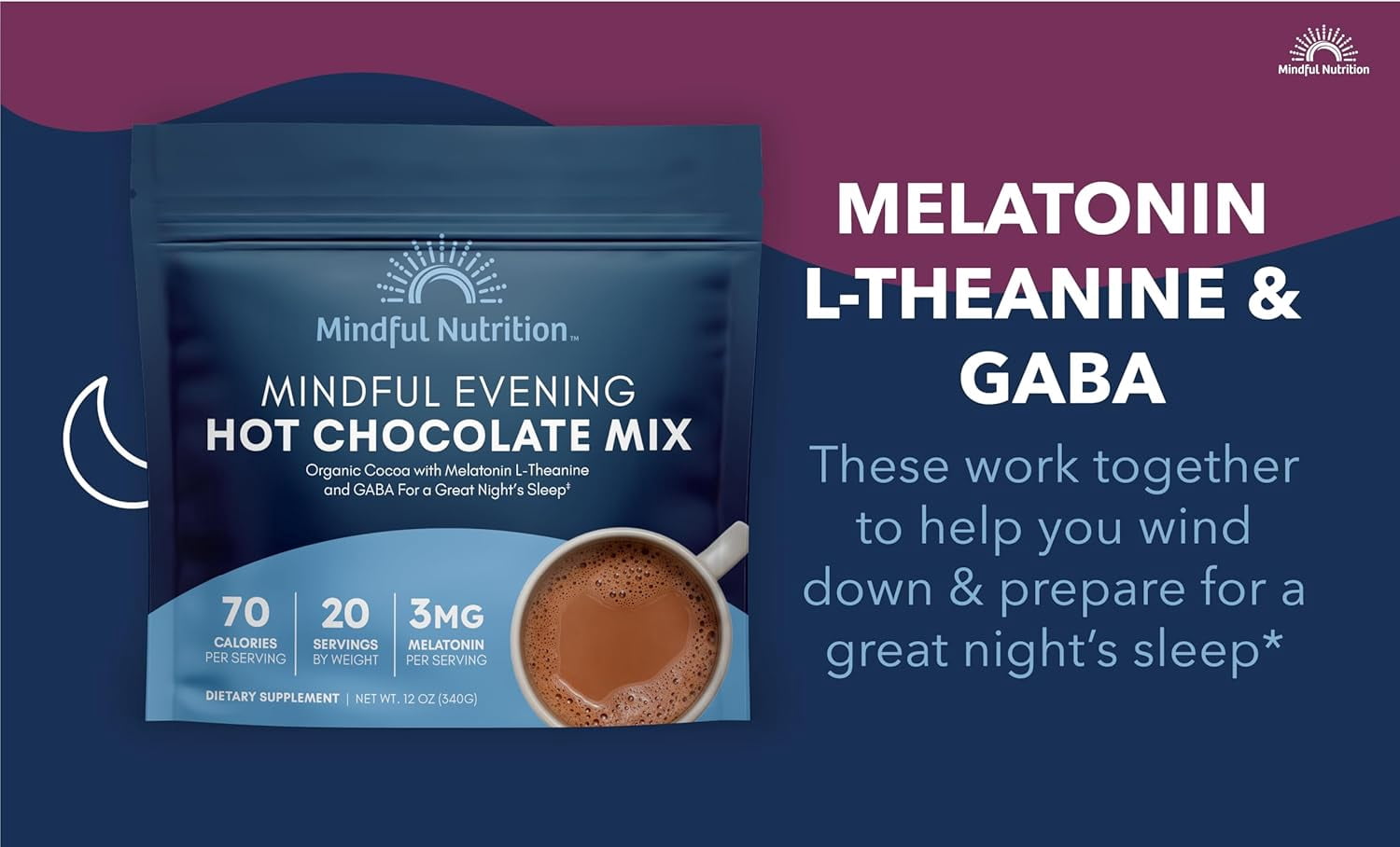 Mindful Nutrition Evening Cocoa Mix with Melatonin, L-Theanine & GABA, 12 oz