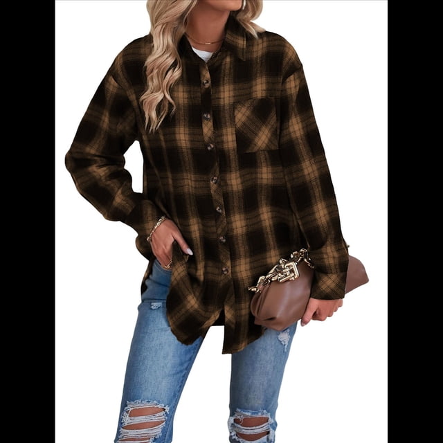 Camisas de Franela con Botones para Mujer, Camisas A Cuadros de Larga, Blusa Informal de Negocios Caqui M