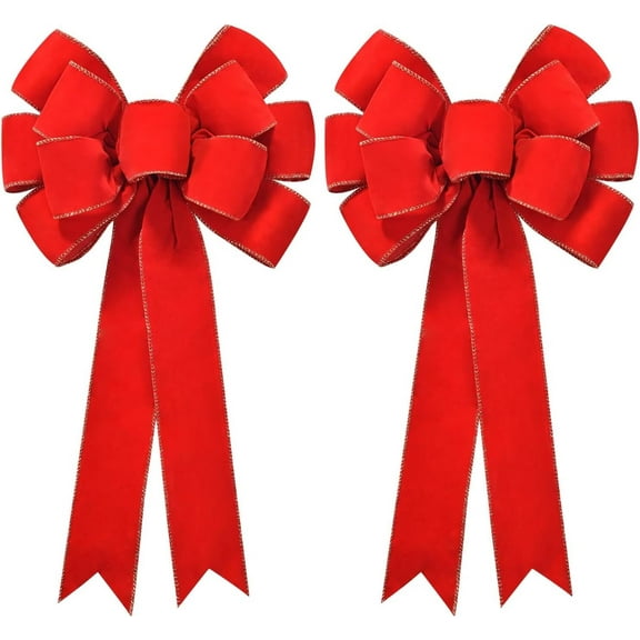 Pakyozj 2 Pack Red Christmas Bows Outdoor Decorations,10.6x19.7in Large Christmas Tree Topper Bow, Velvet Wreath Bow with Glitter Gold Edge for Xmas Home Front Door Decor,Wreaths,Gifts & Home Decor