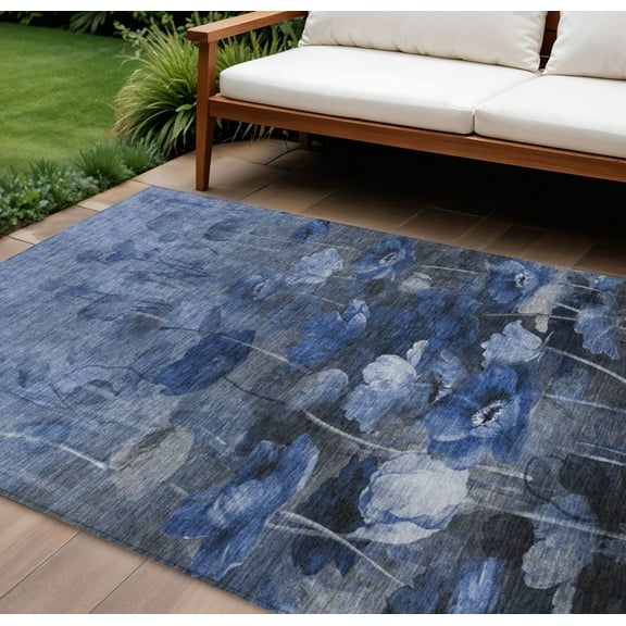 9' X 12' Navy Blue And Denim Blue Floral Washable Indoor Outdoor Area Rug