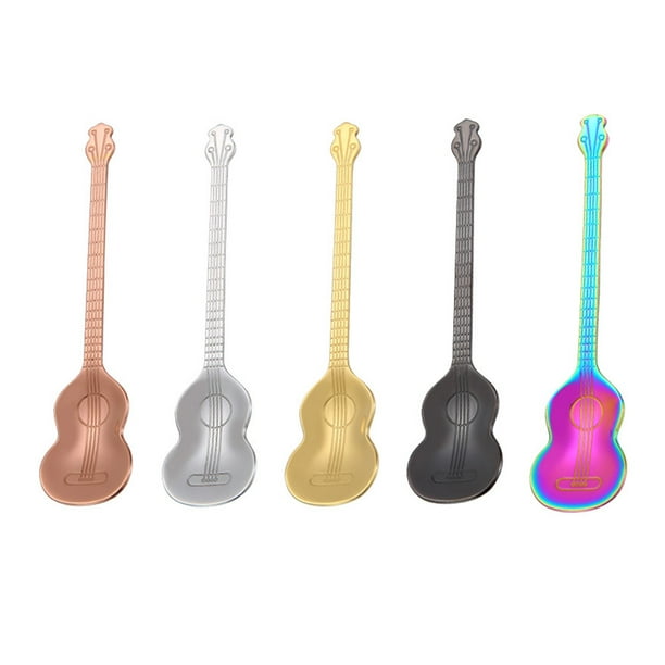 5 cucharas de café creativas de acero inoxidable con forma de guitarra multicolor