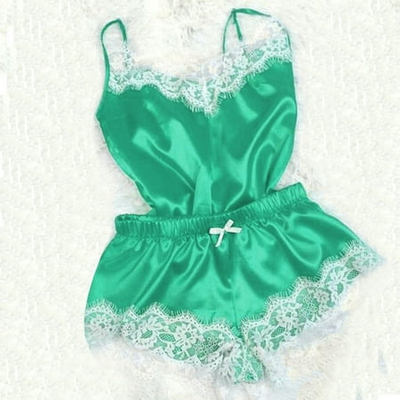 

WGOUP 2PC Lingerie Women Sexy Nightdress Nightgown Sleepwear Underwear Set Green(Buy 2 Get 1 Free)