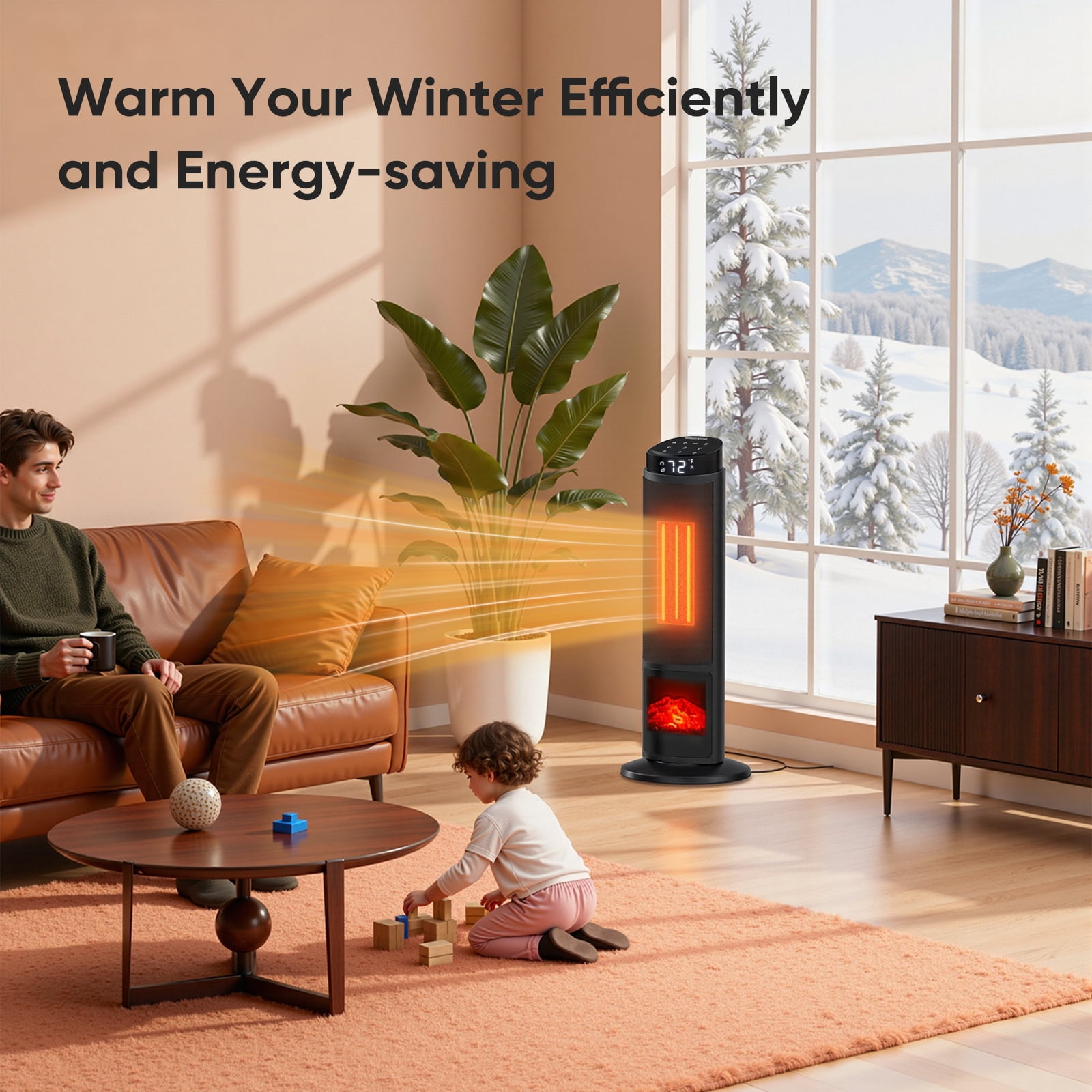 CONCETTA Tower Space Heater with Fireplace Effect – Oscillating Function, Remote Control, 1500W Heating,Black