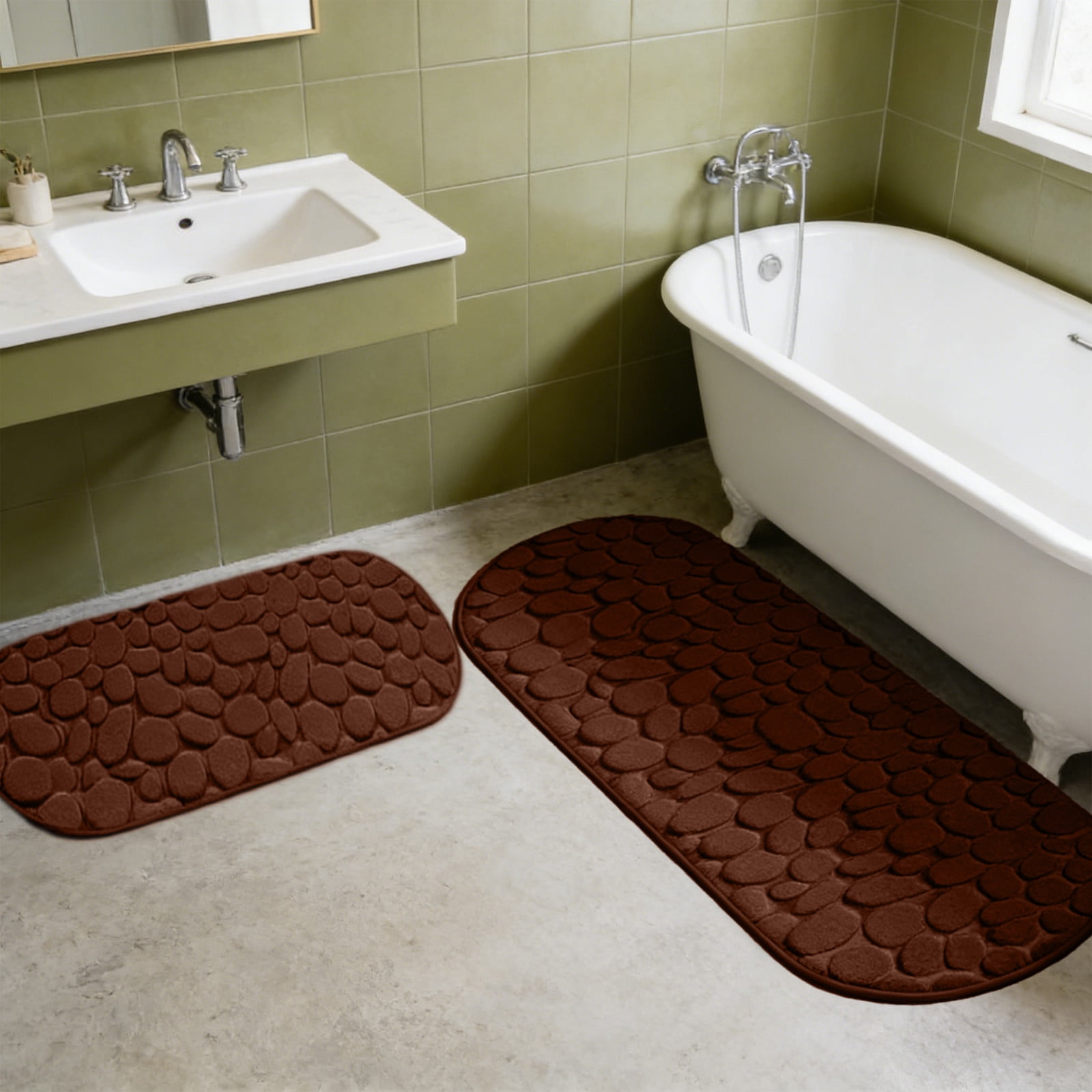 Cobblestone Pattern Rugs Set 2 Piece, Memory Foam Water Absorbent Bath Mats, for Bathroom, Sink, Toilet and Floor (15.7x23.6in+15.7x47.2in, Brown)