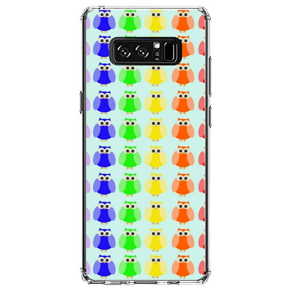 DistinctInk Clear Shockproof Hybrid Case for Samsung Galaxy Note 8 - TPU Bumper, Acrylic Back, Tempered Glass Screen Protector - Rainbow Owls Cartoon - Cartoon Owls