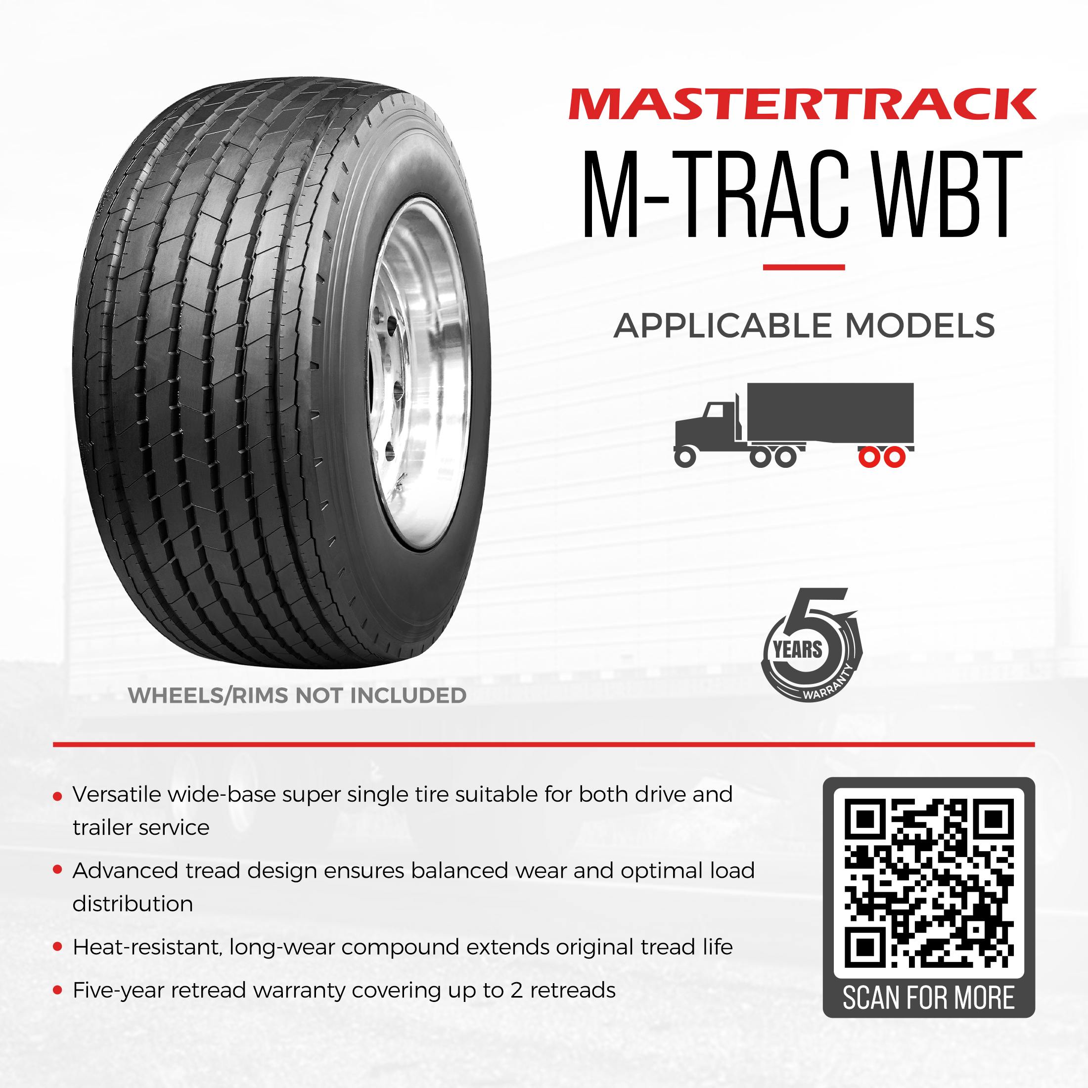 Mastertrack M-TRAC WBT 445/50R22.5 20PR 161L Load Range L Wide-Base Commercial Truck Tire(Tire Only)