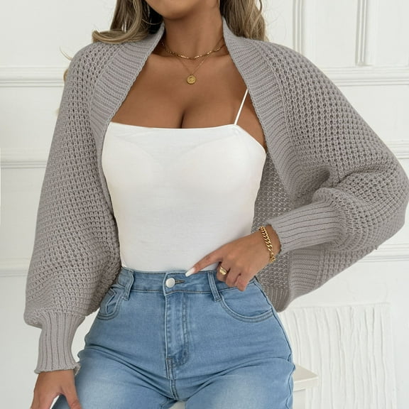 DAFPZW Women's Cropped Cardigan Sweater Long Sleeve Open Front Crochet Knit Shrug for Women Fall Cardigans