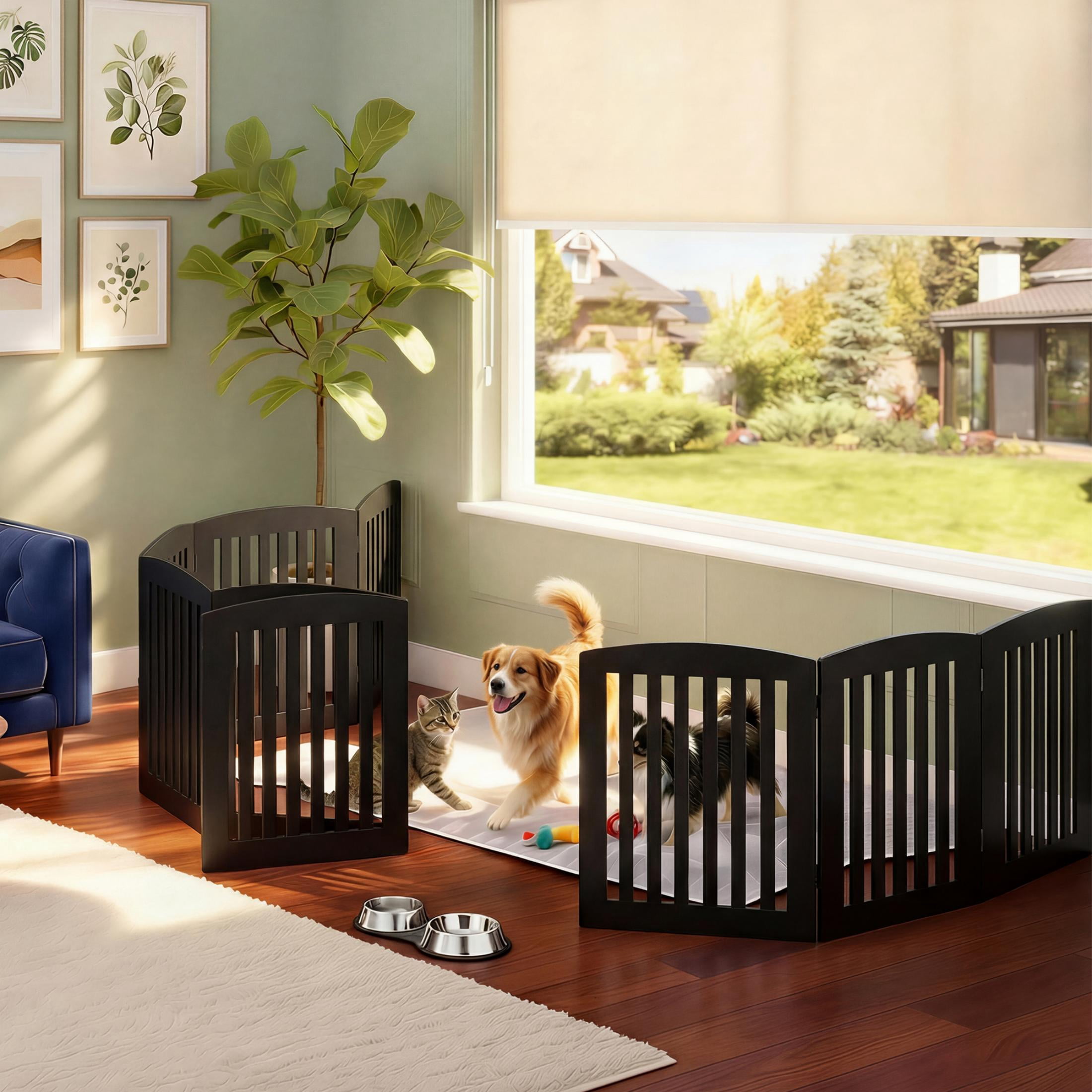 EDX 24" Height-4 Panels Wooden Pet Gate for Dogs and Cats, Foldable Freestanding Dog Gate with Hinge Design, Indoor Portable Extra Wide Dog Fence Pet Barrier, For Doorways, Stairs, Black