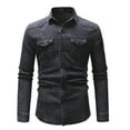 thumbnail image 1 of Mikilon Solid Color Pocket Button Lapel Collar Washed Denim Long Sleeve Men's Shirt, 1 of 6
