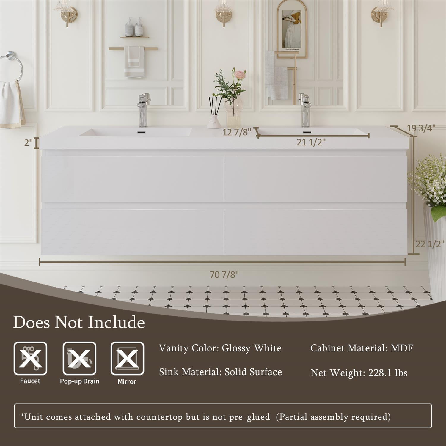 Demi Bonn 72" Floating Bathroom Vanity with Sink, Double Resin Top Basin and 4 Soft Close Drawers, Faucets and Drains Not Included, White